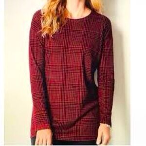 J.Jill red & black plaid Simply Supima 100% cotton crewneck tunic top, medium.